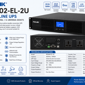PROLiNK PRO902-EL-2U 2KVA Online UPS | LCD | Long-Run External Battery | 2 Universal Sockets