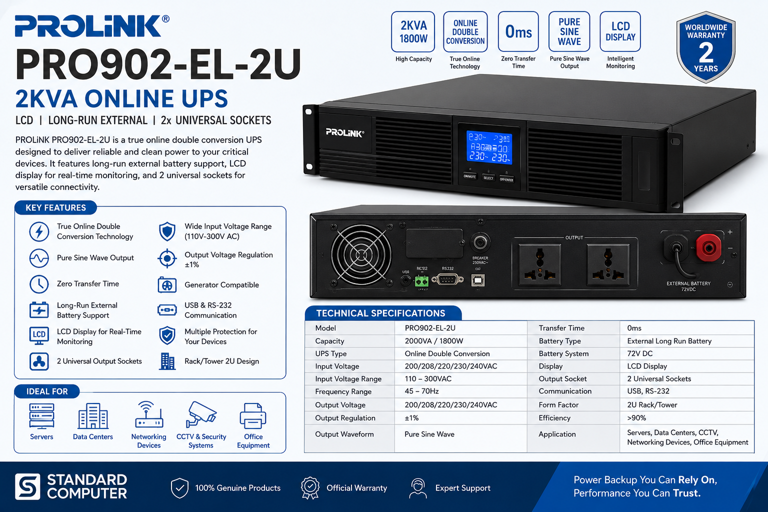 PROLiNK PRO902-EL-2U 2KVA Online UPS | LCD | Long-Run External Battery | 2 Universal Sockets